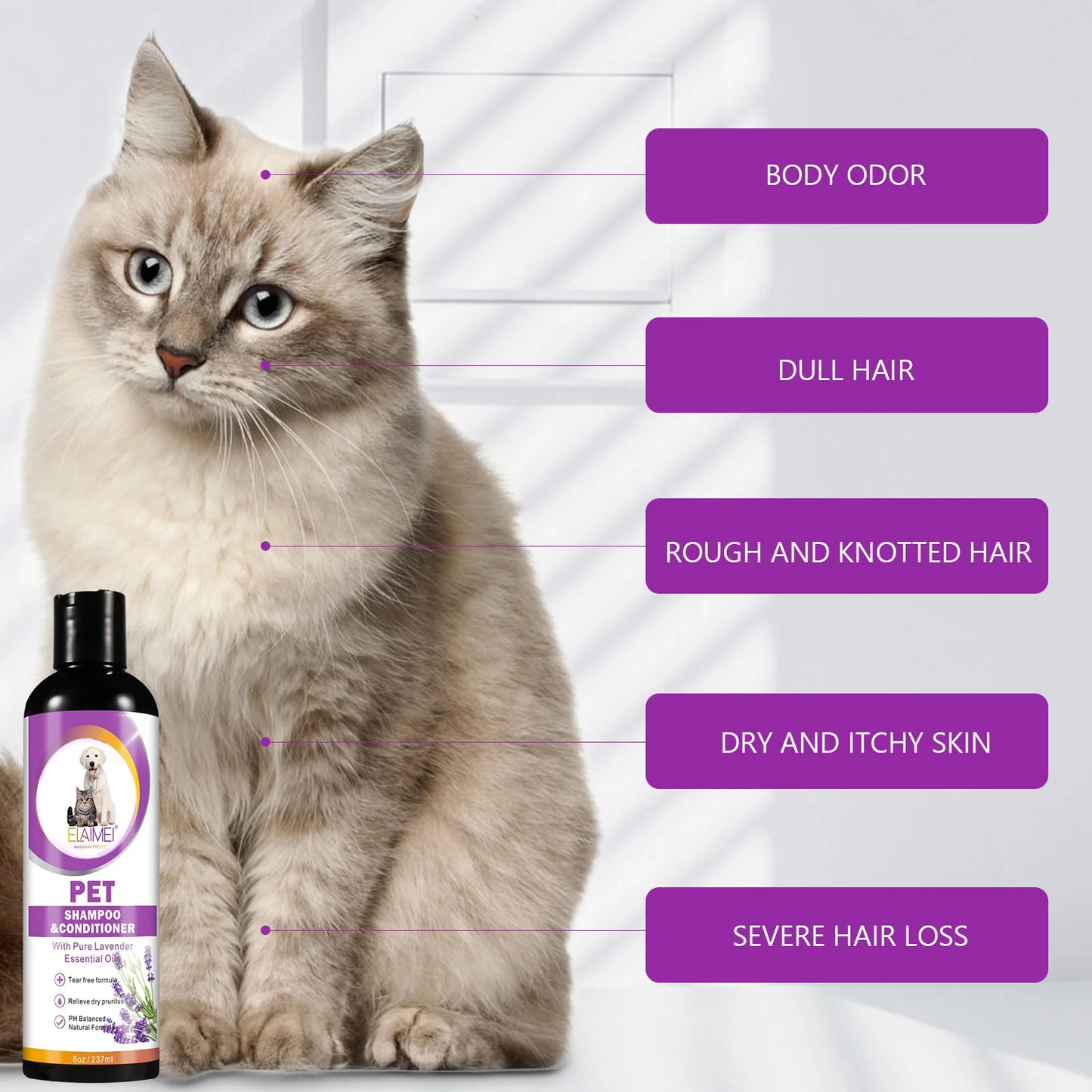 Pet shampoo for dogs, designed to remove stains, care for hair, relieve dryness and itching, eliminate body odor, and nourish th
