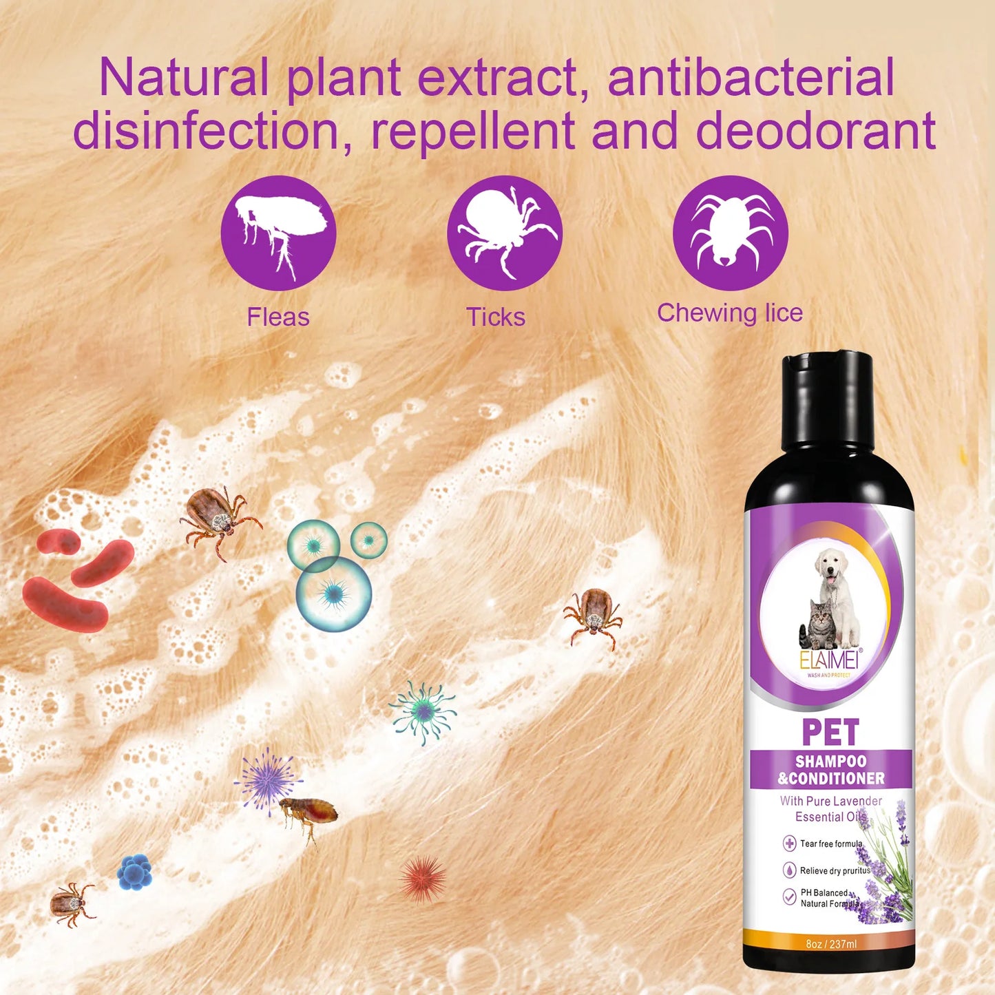 Pet shampoo for dogs, designed to remove stains, care for hair, relieve dryness and itching, eliminate body odor, and nourish th