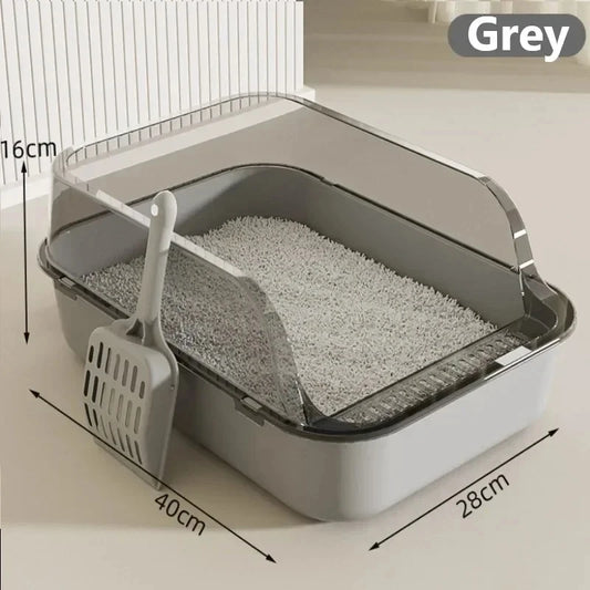 Caja de arena abierta para gatos, inodoro grueso para gatos, semicerrado, de lado alto, a prueba de salpicaduras, con cuchara pa