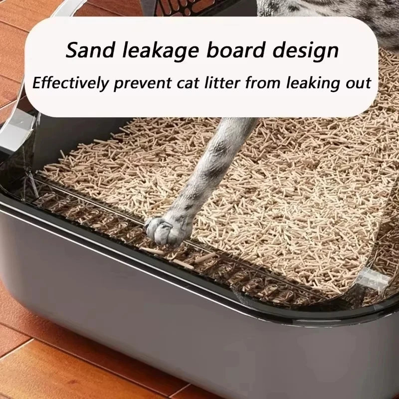 Caja de arena abierta para gatos, inodoro grueso para gatos, semicerrado, de lado alto, a prueba de salpicaduras, con cuchara pa