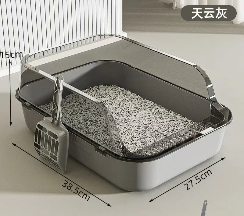 Caja de arena abierta para gatos, inodoro grueso para gatos, semicerrado, de lado alto, a prueba de salpicaduras, con cuchara pa
